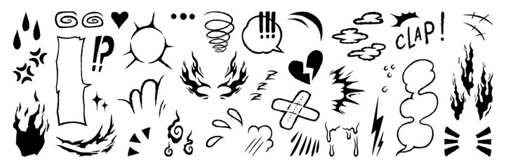 Set of anime emotion effect. Hand drawn texture and fur lines. Line movement vector element.	
