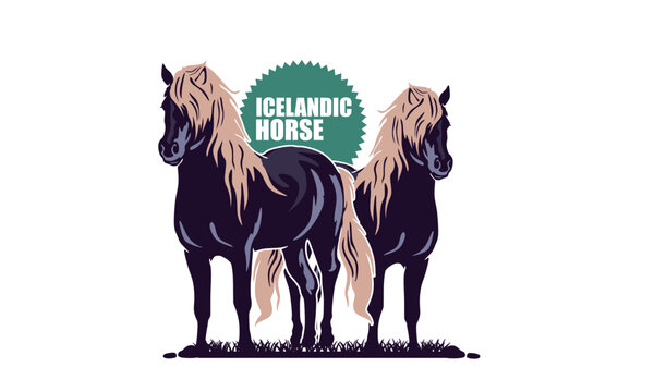ICELANDIC GREAT STRONG HORSE STANDING LOGO, silhouette of big black long hair mare vector illustrations