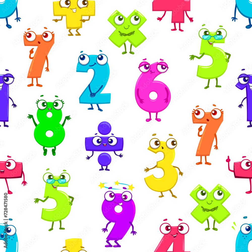 Aufkleber cartoon funny math number characters seamless pattern. fabric or wallpaper, wrapping paper vector pr