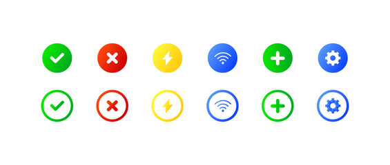 Set of flat icons. Checkmark, cross, lightning, Wi-Fi, plus, gear icons. Vector icon