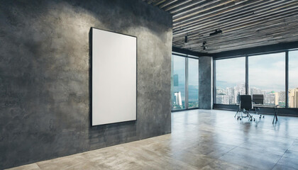 Modern light concrete and glass office box interior with empty white mock up banner on walls and wooden floors.