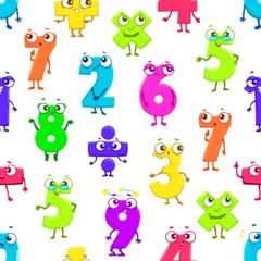 Fotobehang Cartoon funny math number characters seamless pattern. Fabric or wallpaper, wrapping paper vector print with mathematics numbers, kids education digits or school math numeric symbols cute personages © Vector Tradition