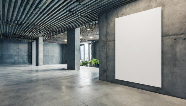 Modern light concrete and glass office box interior with empty white mock up banner on walls and wooden floors.