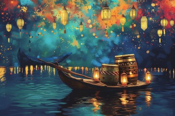 Numerous lanterns illuminate the surroundings casting a warm glow that reflects beautifully on the water surface