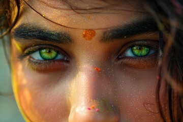 A close-up portrait of a exotic beautiful indian girl with green eyes glancing deep at the camera, in the hindu holi festival. A young lady with exotic make up has an intense mysterious look. 