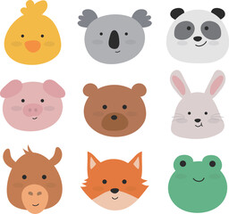 animal faces flat vector illustration set