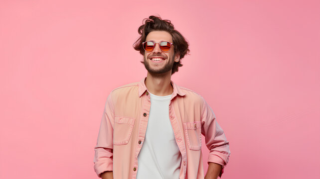 Stylish Man with Sunglasses on Pink Background. A fashionable young man with a trendy hairstyle and sunglasses smiling confidently against a vibrant pink backdrop.
