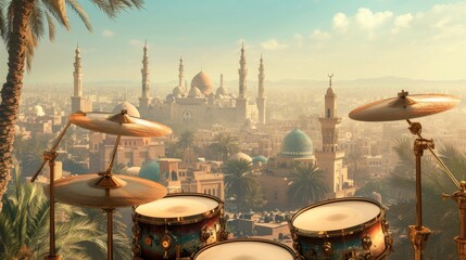 set of drums and cymbals in the foreground with a breathtaking view of an architecturally rich cityscape in the background