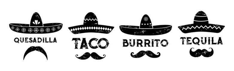 Mexican sombrero with burrito and quesadilla, taco and tequila, Mexico cuisine vector emblems. Sombrero grunge silhouettes with mustaches and latin ornament for Mexican food and drink bar signs - obrazy, fototapety, plakaty