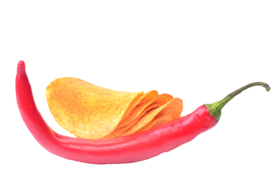 Red hot chili peppers and potato cips isolated