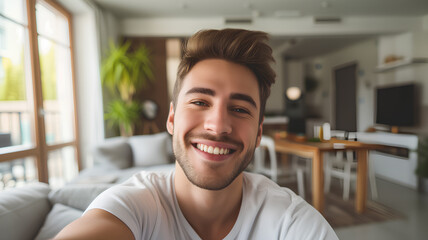 Fototapeta premium Smiling Man Taking a Selfie in Modern Home. A cheerful young man with a bright smile takes a selfie in a well-lit, stylish interior of a contemporary home. 