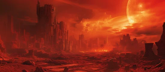 Poster Im Rahmen 3D rendering abstract fantasy other planet city in an eerie red light scene background. AI generated © saifur
