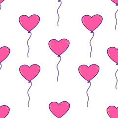 Seamless pattern with pink balloon in the shape of heart. Happy Valentines Day. Declaration of love and feelings, February 14th. On white background vector doodle hand drawn print or wrapping
