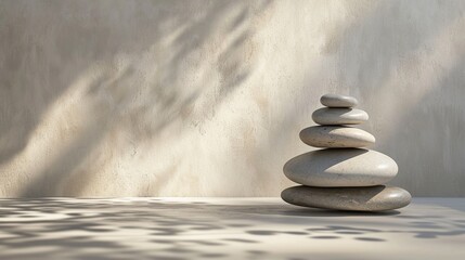 Obraz na płótnie Canvas Spa, balance, meditation and zen minimal modern concept. Stack of stone pebbles against beige wall for design and presentation. copy space.