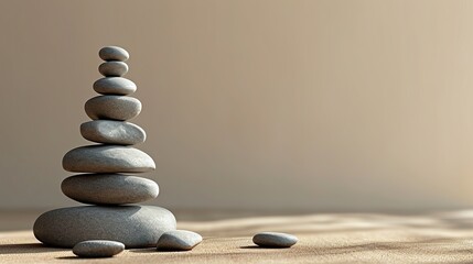 Spa, balance, meditation and zen minimal modern concept. Stack of stone pebbles against beige wall...