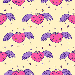 Seamless pattern with happy pink smiling heart with wings and crown. Stars around. Valentines Day. February 14th. Colorful vector illustration doodle hand drawn. Holiday love print