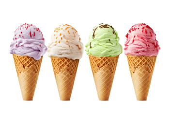 set of Colorful Ice Cream Scoops in Waffle Cones with a different topping Isolated on transparent background