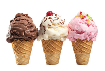 Trio of Ice Cream Cones with Toppings on transparent Background