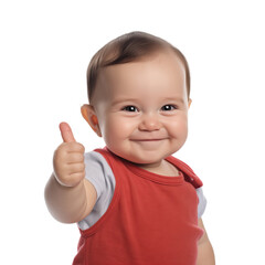Baby girl gesturing with thumb up and smiling on transparent background