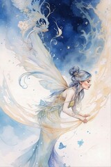 Girl woman fairy on white background Beautiful blue hair Golden details Good for postcards Poster Kid's room Book Cover and Canvas Generative AI