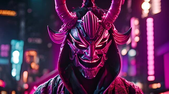 Cryptic Individual Wearing Cyberpunk Oni Mask Roaming in an Illuminated City