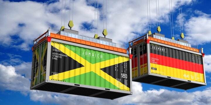Shipping containers with flags of Jamaica and Germany - 3D illustration