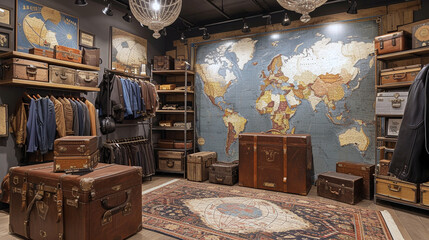 An upscale travel accessories store with a world map mural on the facade and vintage-style suitcases 