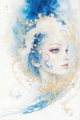 surreal portrait of a girl with stars and golden details Blue watercolor art Good for postcards, poster, kid's room, book cover and canvas, Generative AI