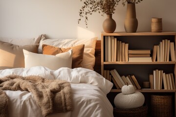 Cozy bedroom interior with bookshelves, knitted plaids and pillows
