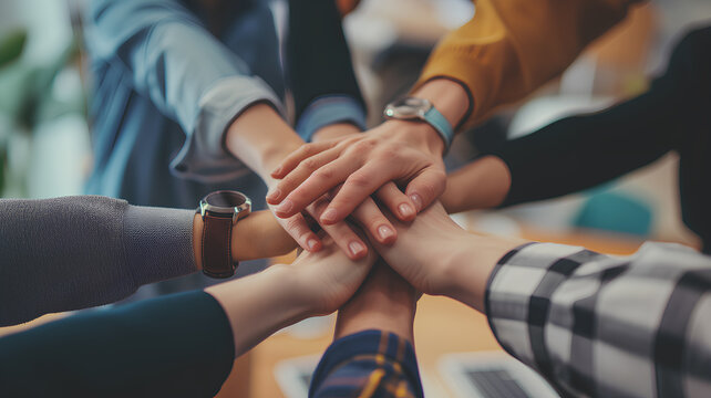 Team Unity Displayed Through Hand Stack in Office. A diverse office team showcases unity and teamwork with a collective hand stack over a meeting table.
