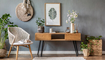 Minimalist home decor template with stylish living room interior featuring a mock-up poster frame, wooden commode, book, ceramic vase with tropical leaf, and elegant personal accessories.