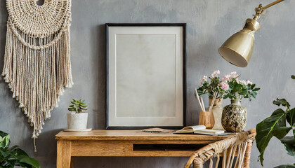 Design home interior of living room with stylish chair and wooden desk, plants, flowers, table lamp, mock up poster frame, macrame and elegant accessories. Stylish home decor