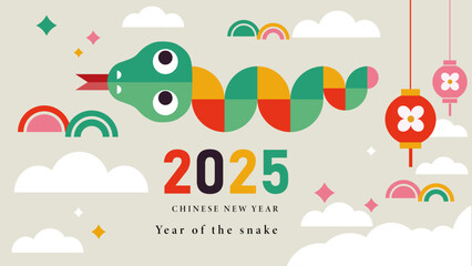 Fototapeta na wymiar happy new year 2025, Chinese new year, year of the snake, Chinese zodiac snake in geometric flat modern style