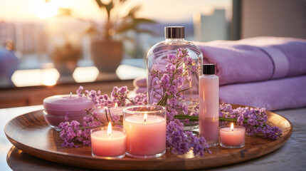 An image with aromatherapy set: aromatic oil, massage cream, scented candles and terry towels.For advertising aromatherapy and massage. - obrazy, fototapety, plakaty