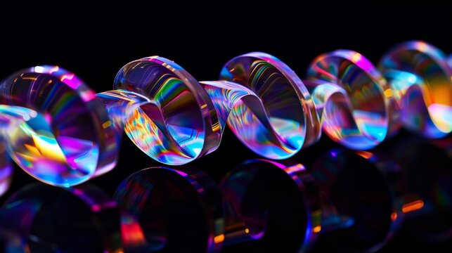 shiny rainbow colored glass flakes were pinned to a black background, in the style of large format lens, rounded forms