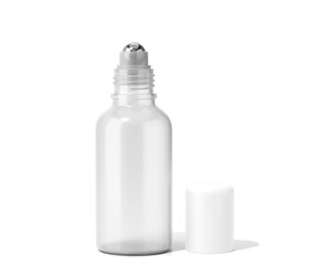 Blank Clear White Roll On Glass Bottle Packaging Isolated On Transparent Background, Prepared For Mockup, 3D Render.
