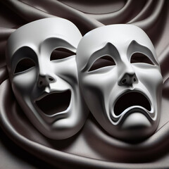 Two light theatrical actor's masks depicting different emotions lie on satin silk - obrazy, fototapety, plakaty