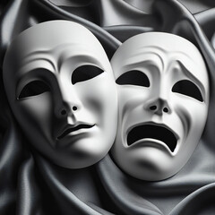 Two light theatrical actor's masks depicting different emotions lie on satin silk