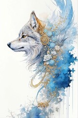 Surrealistic profile of a wolf with gold decorations, Native American style, floral, watercolor, Good for postcards, poster, kid's room, book cover and canvas, Generative AI