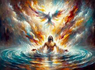 Heavenly Anointing of Jesus Christ with the Holy Spirit: The Baptism of Fire and Water. - obrazy, fototapety, plakaty