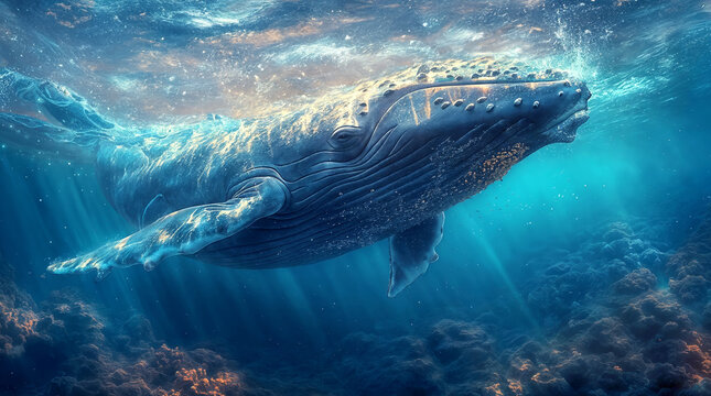 An image of a whale swimming in the ocean. Image of a majestic sea animal for covers, banners and other projects about the protection of whales and all marine fauna.