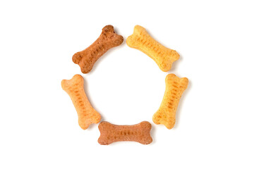 Circle of biscuits for dog treats on a white background
