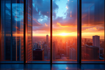 City skyline at sunset viewed from glass window of a modern building