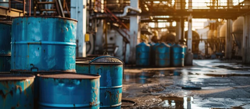 Industrial scene with blue oil drums.