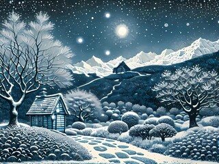 Winter landscape with trees and snow, Generative AI