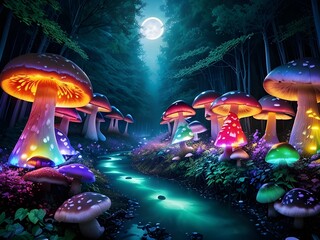 Mushrooms in the forest wallpaper, Generative AI