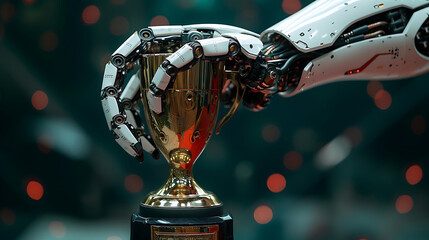 a robot hand holds up a trophy with isolated background - obrazy, fototapety, plakaty