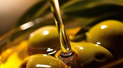 Close up of oil dripping on green olives 