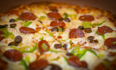 Close up shots of a delicious pepperoni pizza with Mozzarella cheese, salami, pepper, and fresh olives  Italian pizza