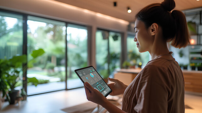 Woman Controlling Smart Home Devices with Tablet. A woman uses a tablet to manage smart home technology in a well-lit modern house with garden views.
